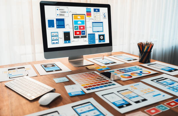 digital wireframe design for web or mobile app ui on laptop. scrutinize - 软件定制开发 個照片及圖片檔